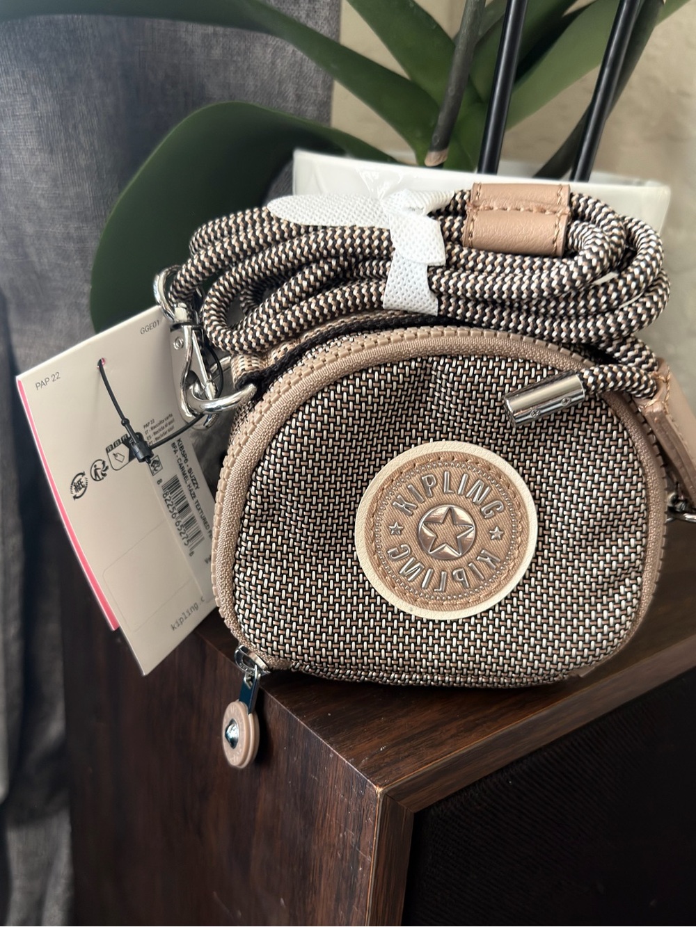 Kipling Woven Mini Crossbody in Brown and Tan